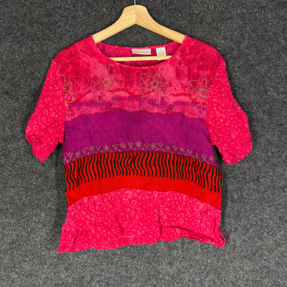 Draper's & Damon's Top Women S Small Pink Striped Short Sleeve Rayon Casual